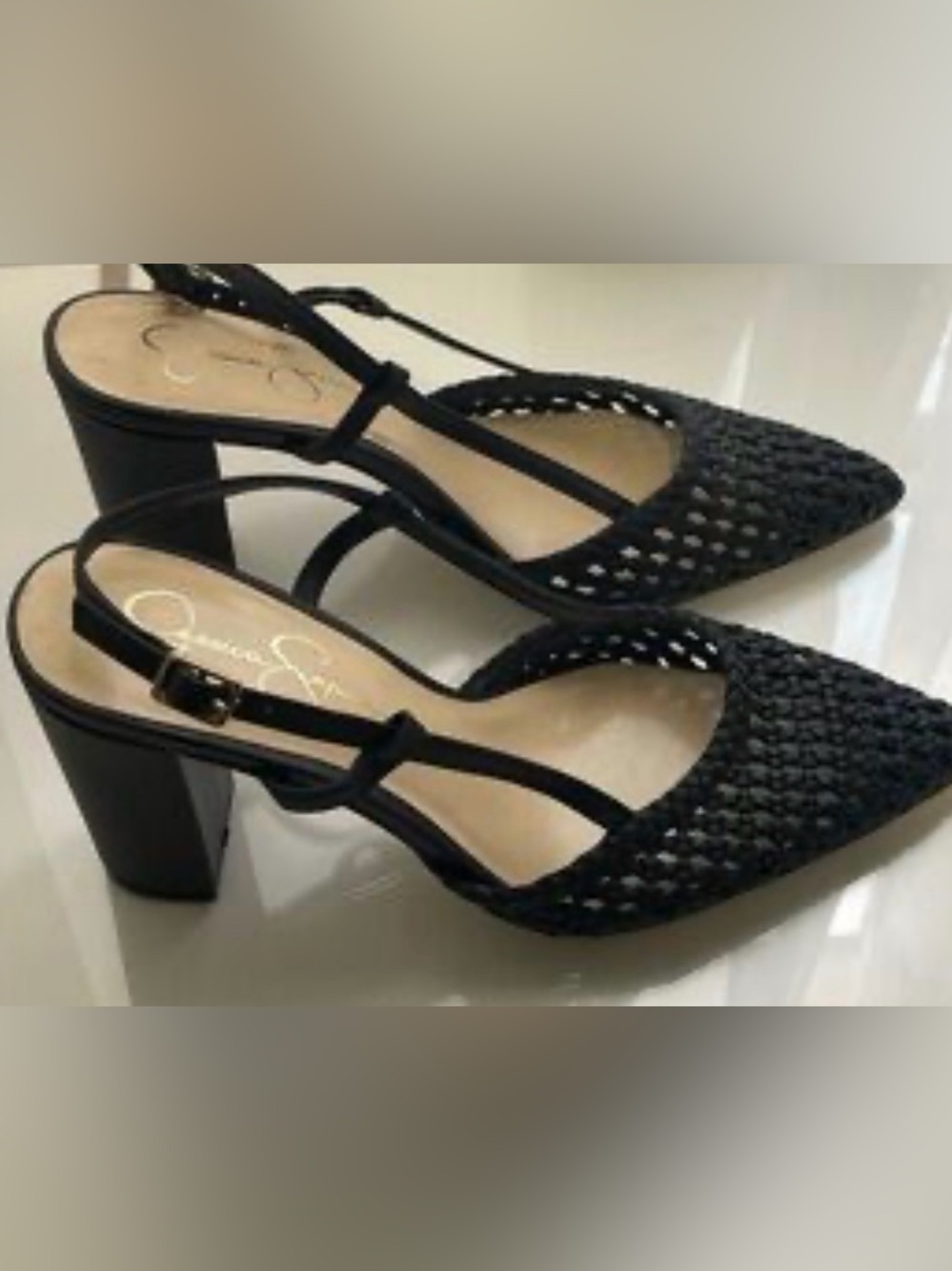 Jessica Simpson Black Woven Slingback Pointed Block Heels
